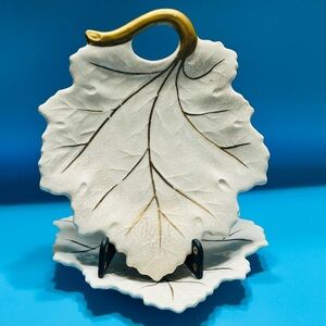 Vintage Set of Leaf Shaped Plate Hand Decorated White & Gold Trim Made in Japan